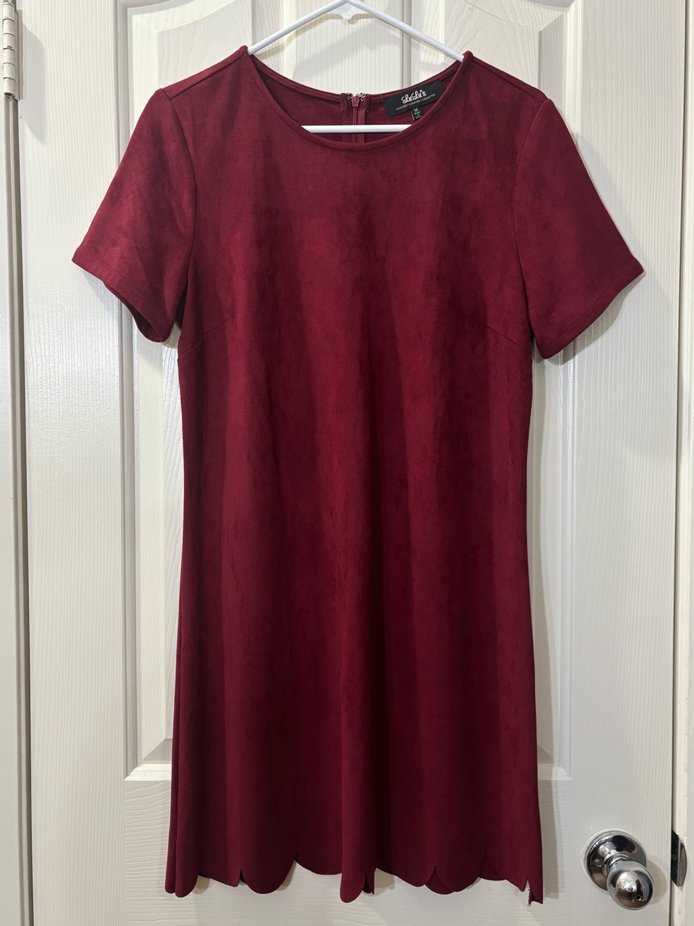 Lulu's Wine-Red Short Sleeve Scalloped-Hem Dress